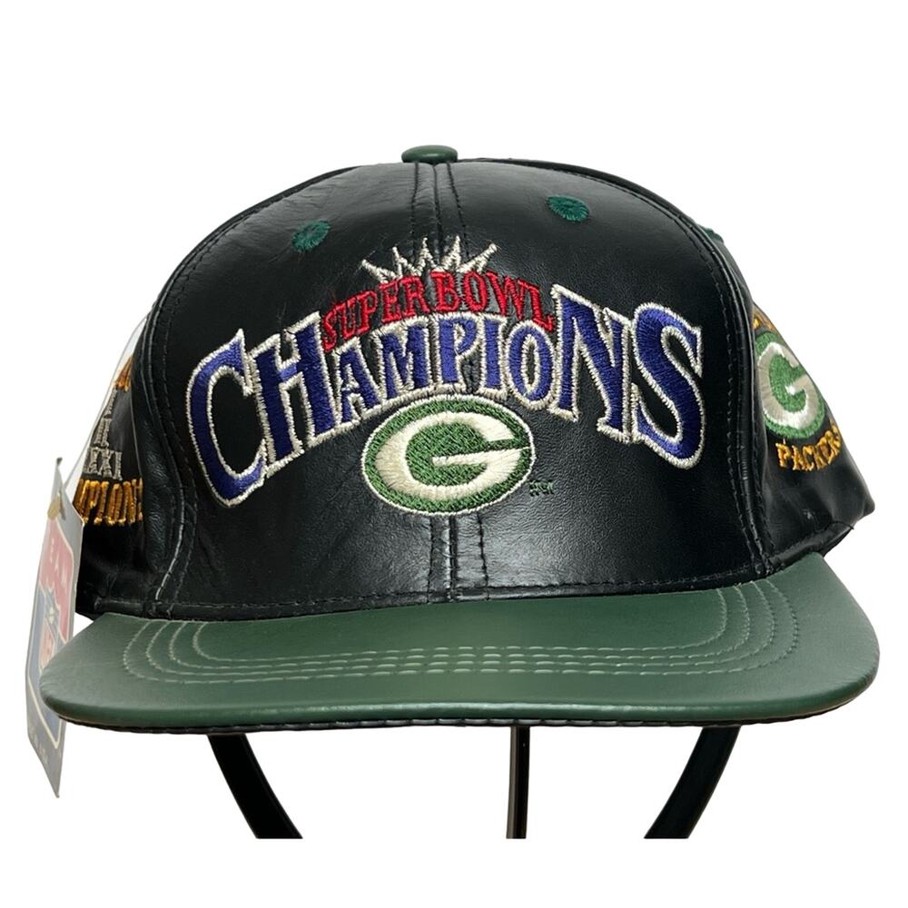 Vintage 90s Green Bay Packers Super Bowl Genuine Leather SnapBack Hat NWT USA